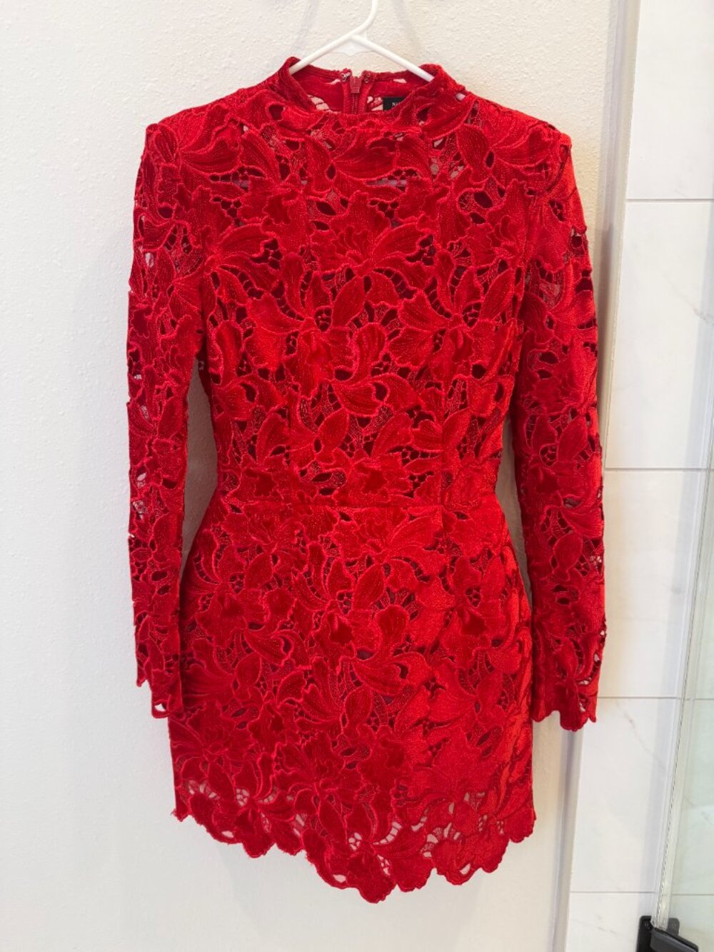 NADINE MERABI Red Floral Lace Long-Sleeve Mini Dress - Picture 2 of 6